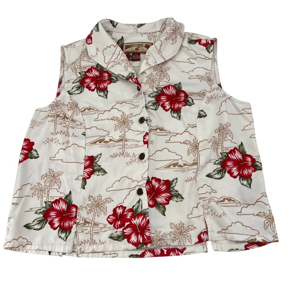 Caribbean Joe Hawaiian Print Sleeveless Button-Up Shirt XL Rayon Red‎ Floral y2k